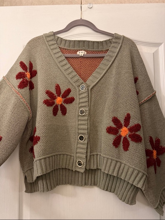 POL Sweaters - POL Olive Green Cropped Cardigan Sweater with Red Floral Embroidery